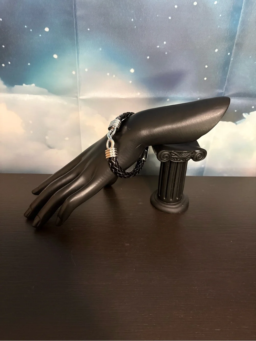 Men's Black Braided Faux Leather Bracelet with Silver tone magnetic clasp. New